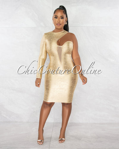 Clive Nude Gold Foil Single Shoulder Design Bandage Dress
