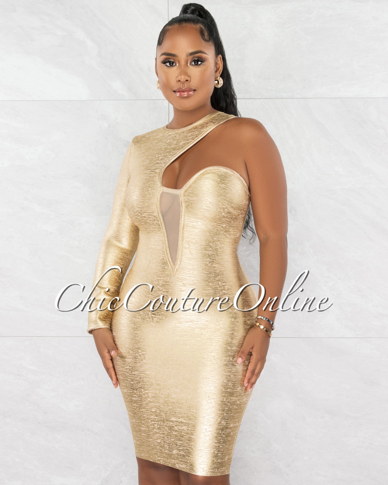 *Clive Nude Gold Foil Single Shoulder Design Bandage Dress