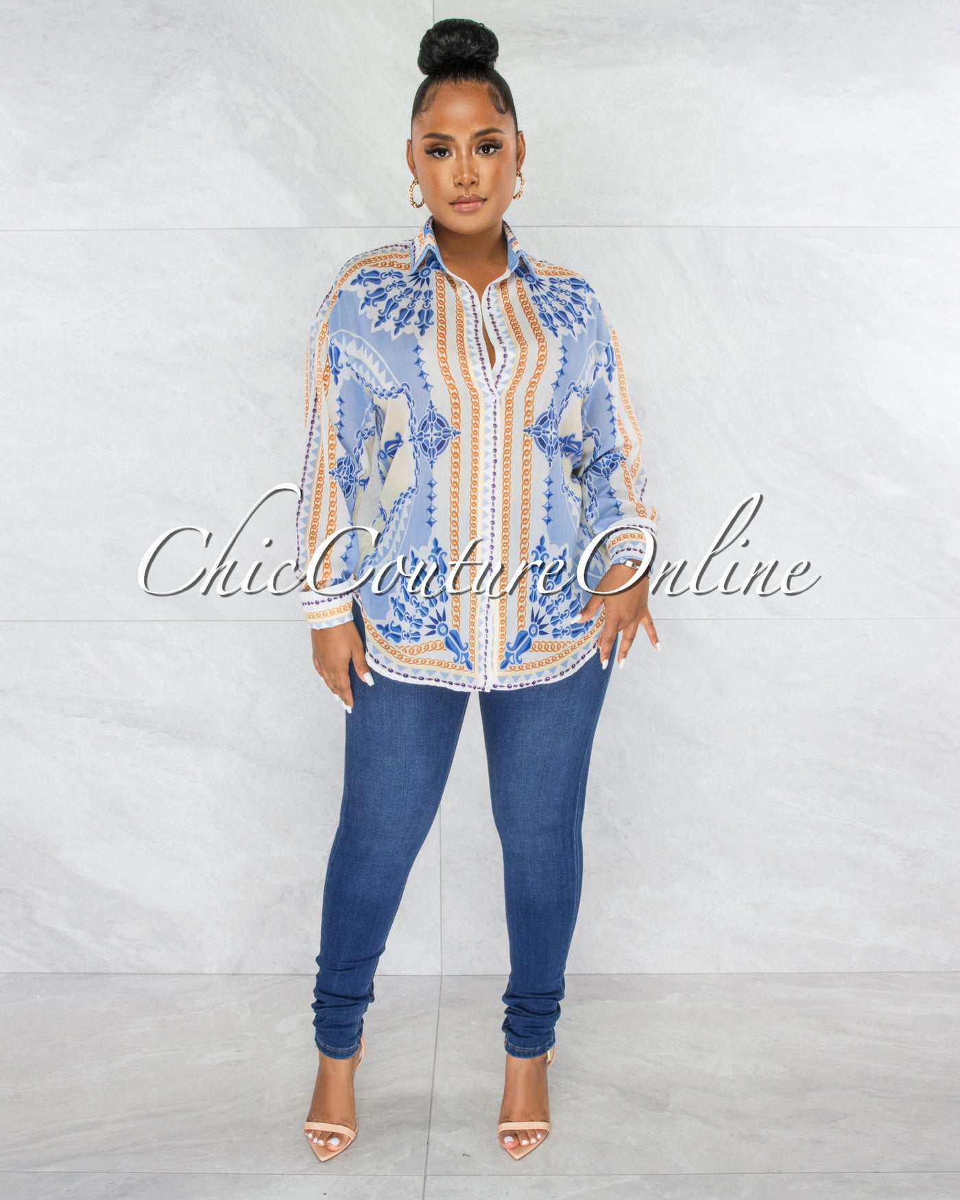 Carter Baby Blue Print Buttoned Semi-Sheer Blouse