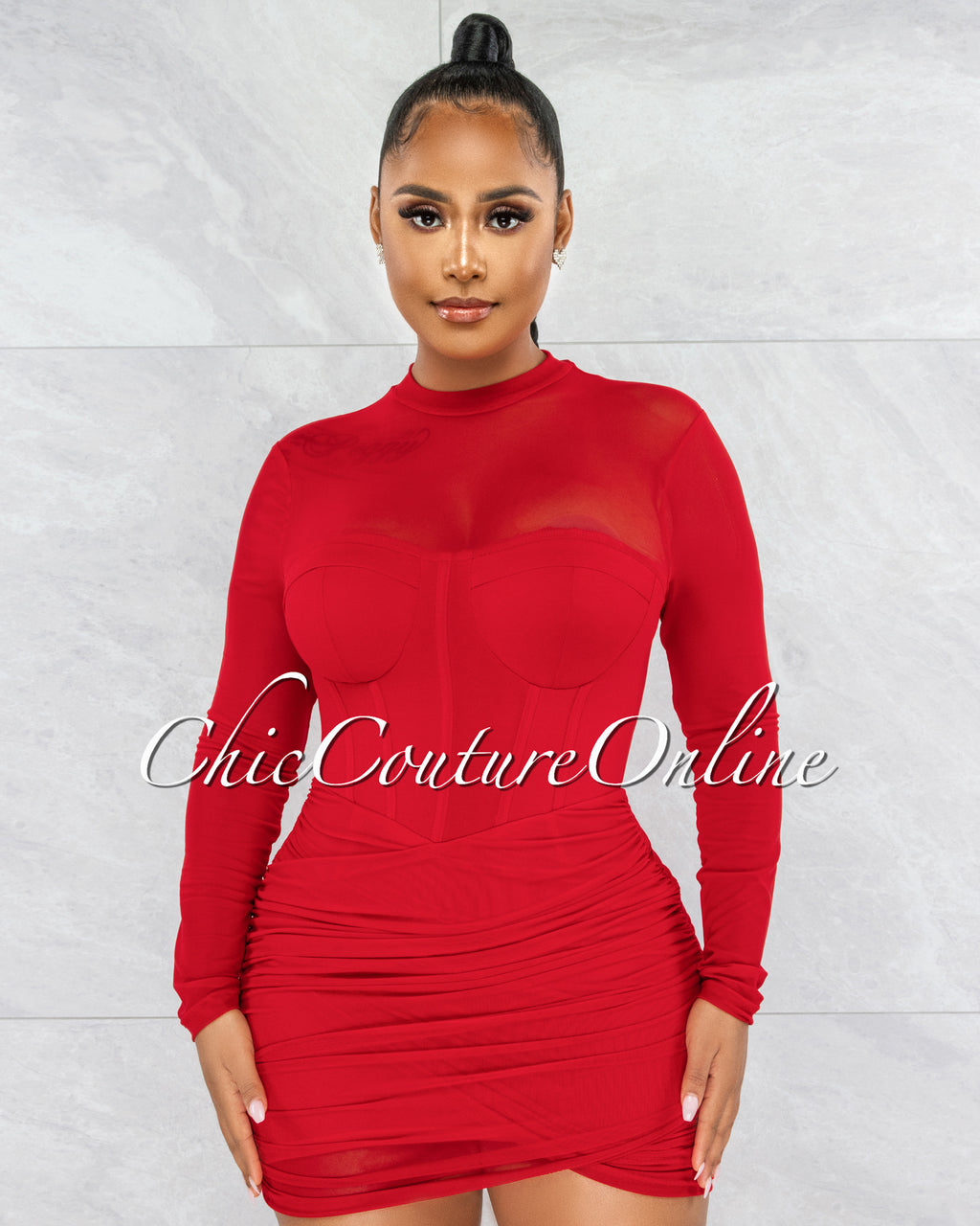 *Yalina Red Mesh Ruched Padded Cups Dress