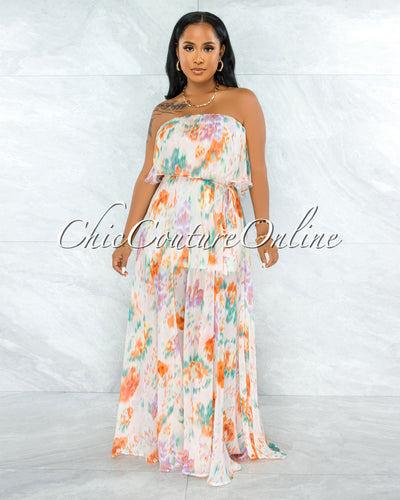 *Cinco Nude Lilac Print Print Overlay Ruffle Maxi Dress