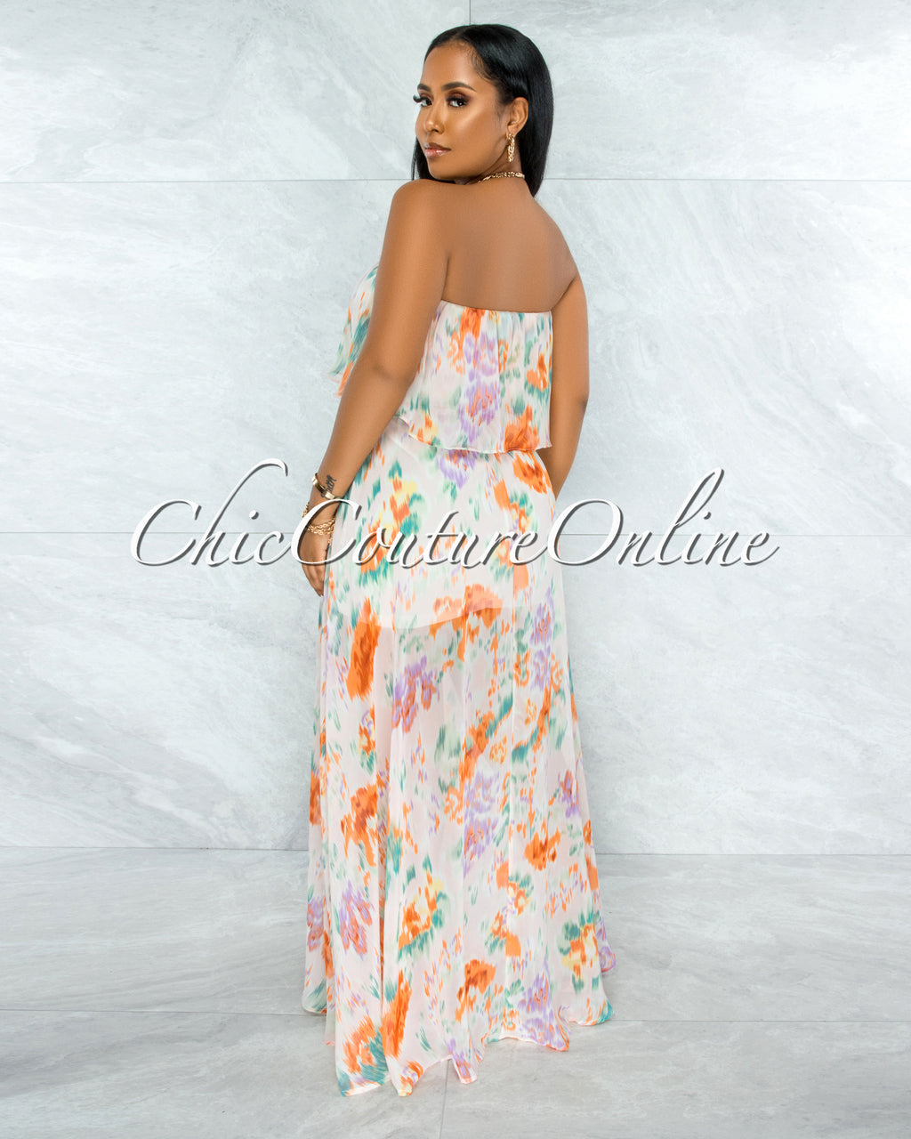*Cinco Nude Lilac Print Print Overlay Ruffle Maxi Dress