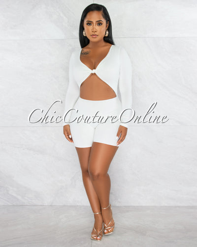 *Ligia Off-White Front Knot Cut-Out Double Lined Romper