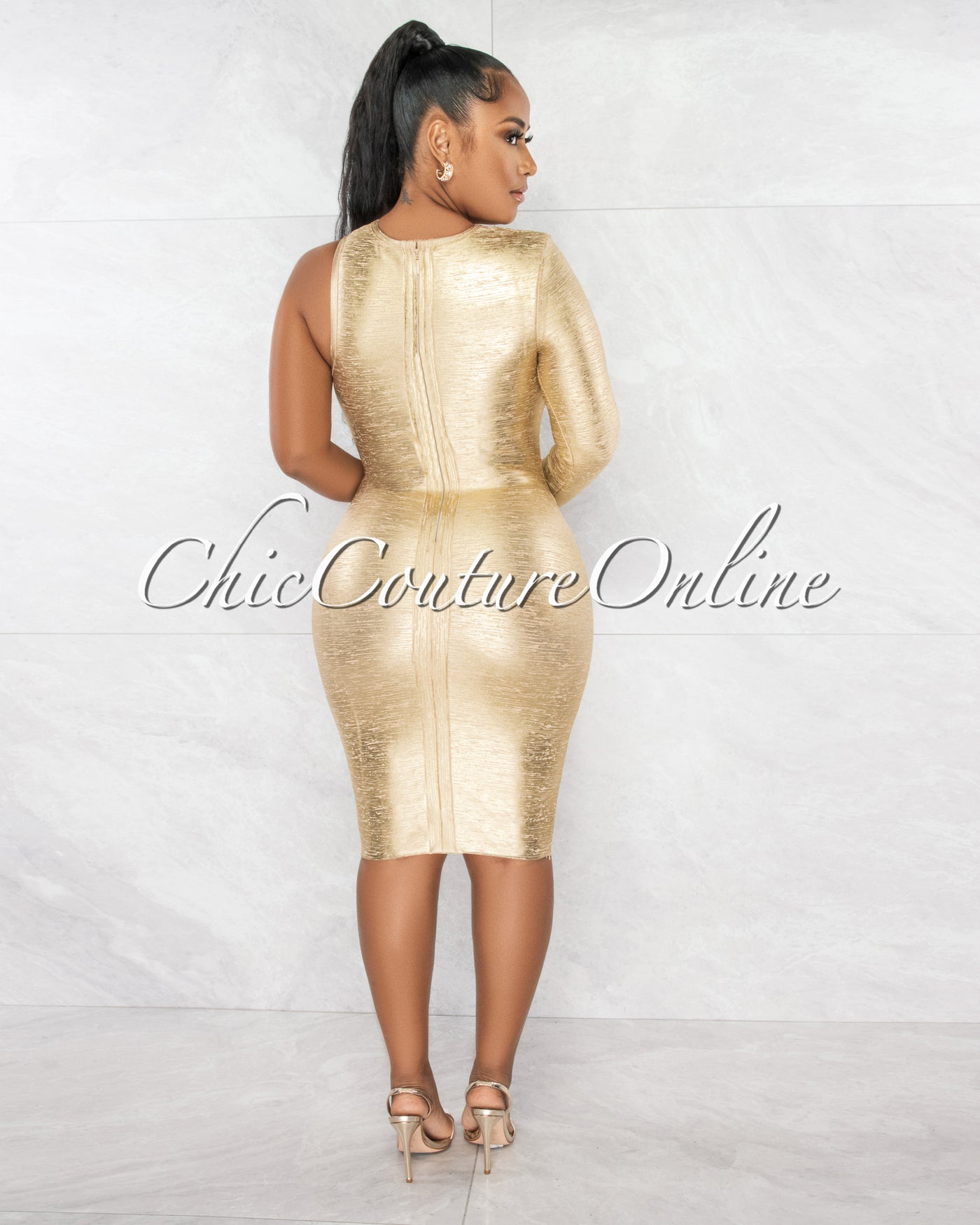 Clive Nude Gold Foil Single Shoulder Design Bandage Dress