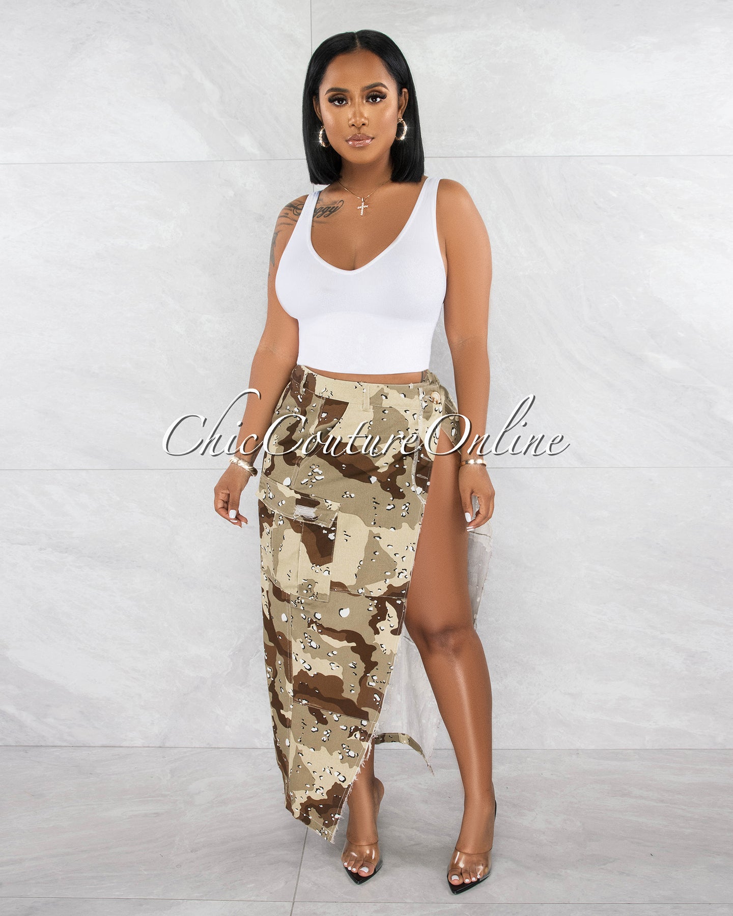 *Anya Military Print Front Slit Cargo Midi Skirt