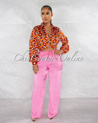 Berkley Pink Drawstring Wide Silky Pants