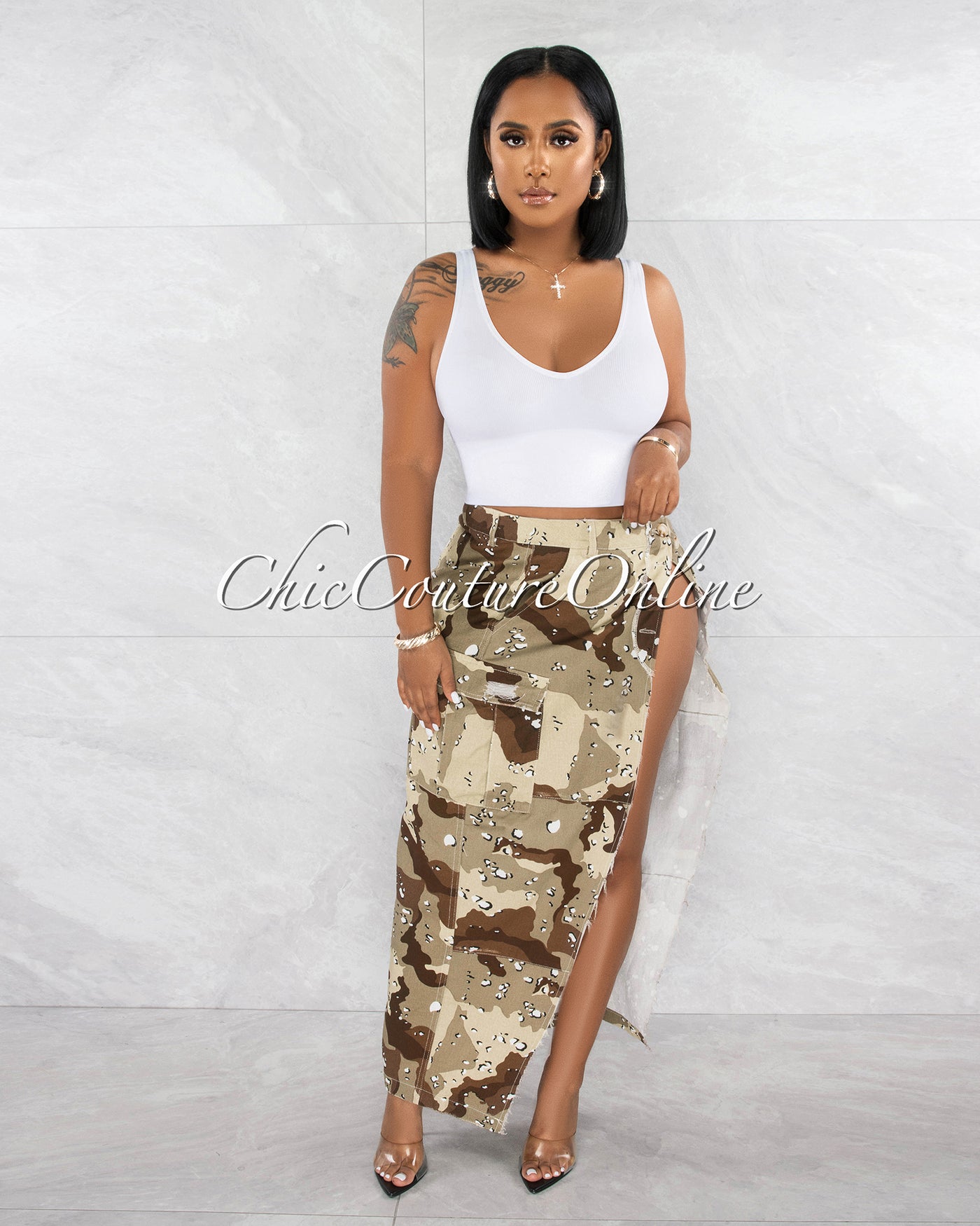 *Anya Military Print Front Slit Cargo Midi Skirt