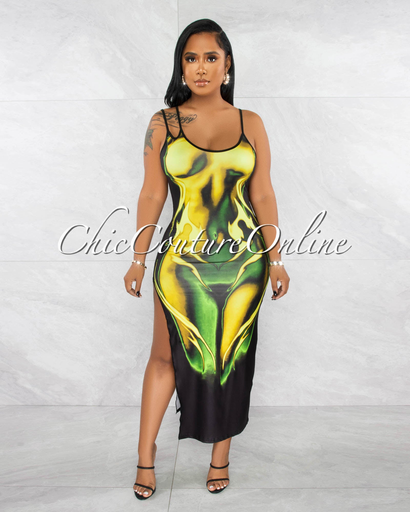 Levina Black Body Shape Graphic Midi Dress