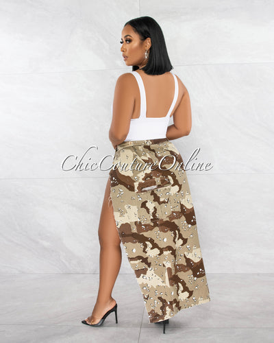 *Anya Military Print Front Slit Cargo Midi Skirt