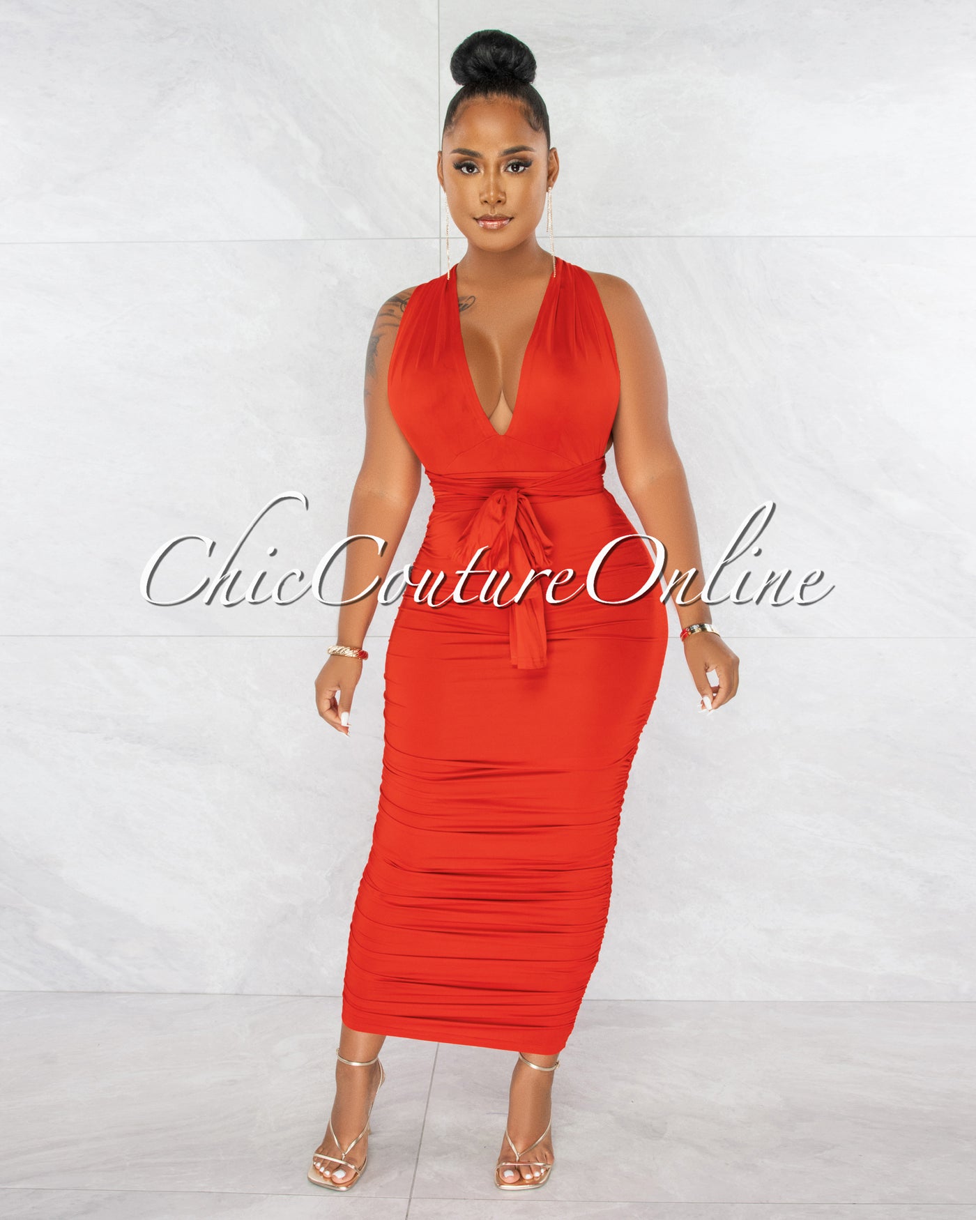 Fosta Red Multi-Way Ruched Maxi Dress