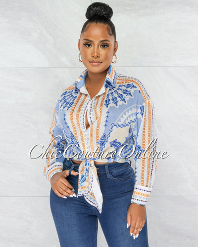 Carter Baby Blue Print Buttoned Semi-Sheer Blouse