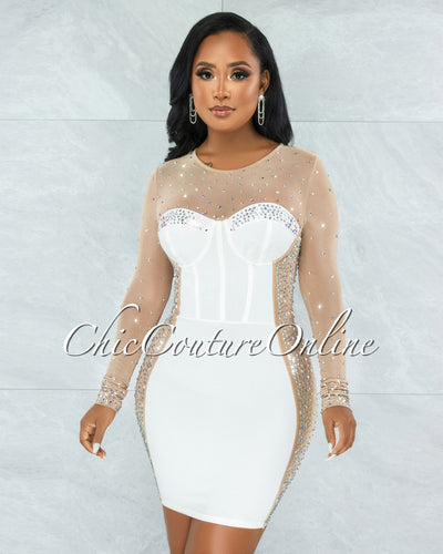 *Marlene Off-White Nude Iridescent Rhinestones Accents Dress