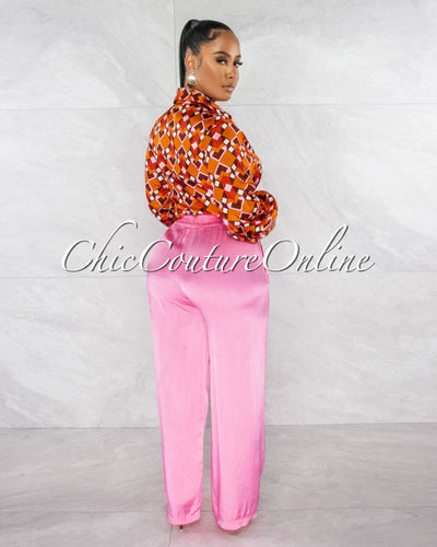 Berkley Pink Drawstring Wide Silky Pants