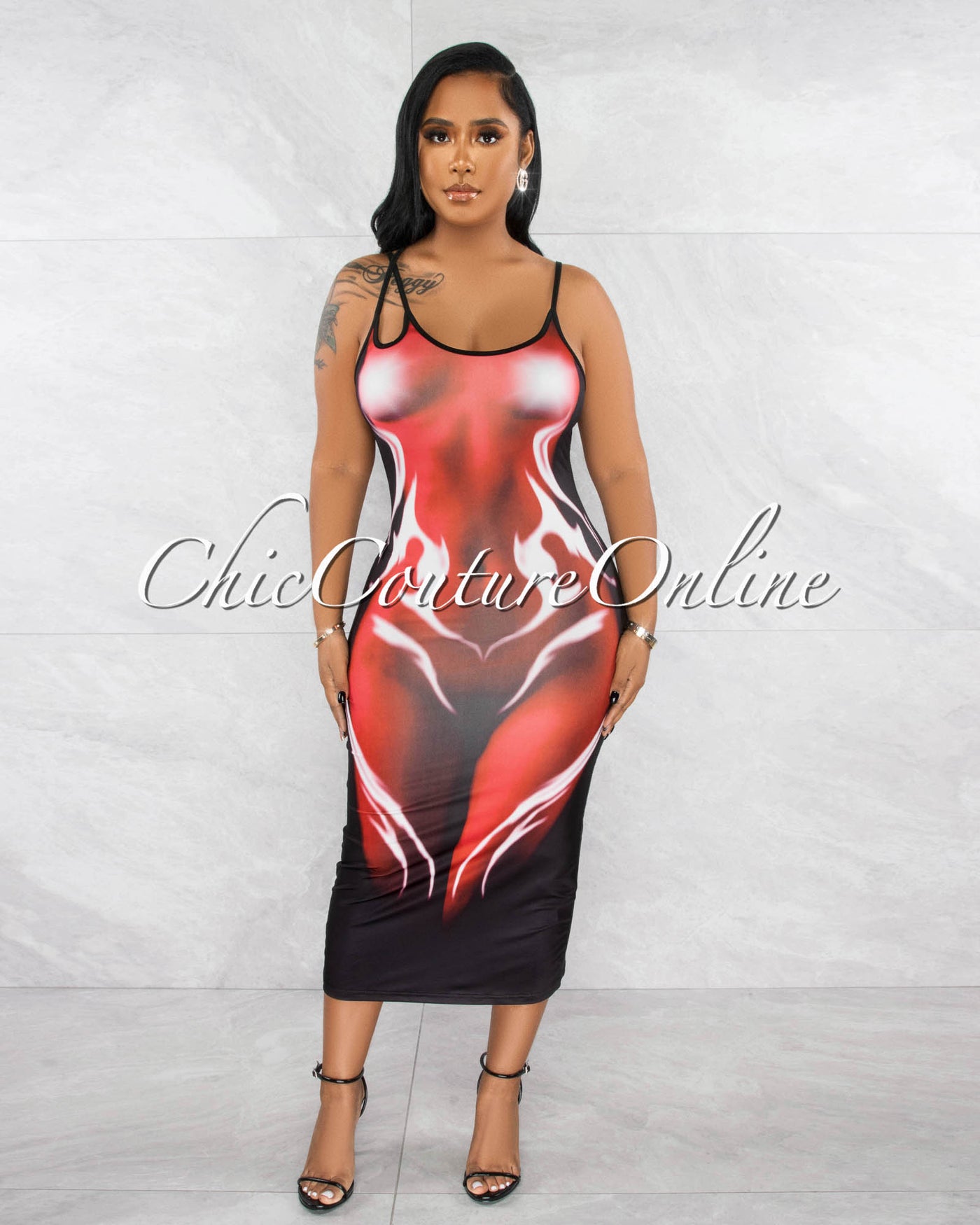 *Levina Black Red Body Shape Graphic Midi Dress