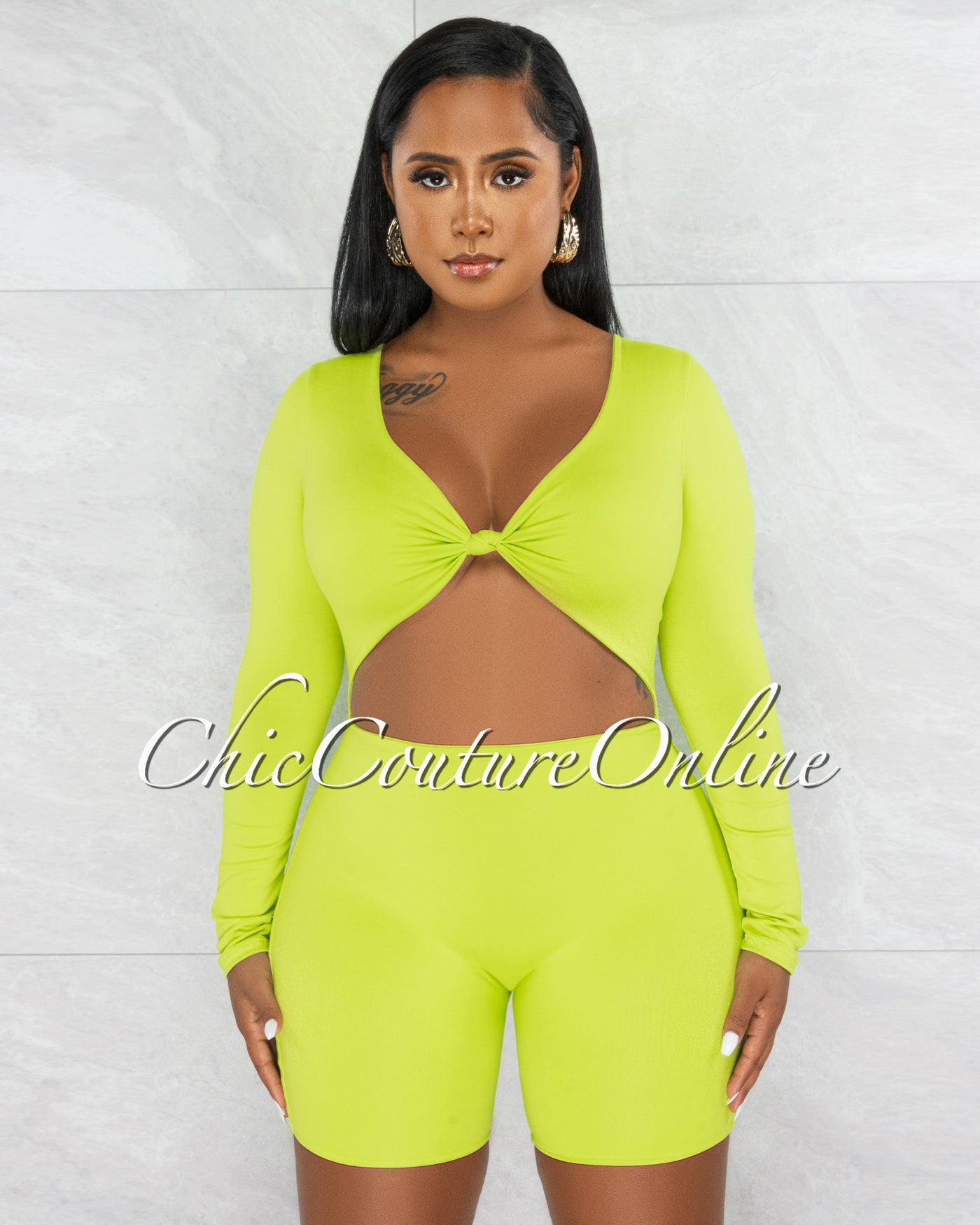 *Ligia Lime Green Front Knot Cut-Out Double Lined Romper