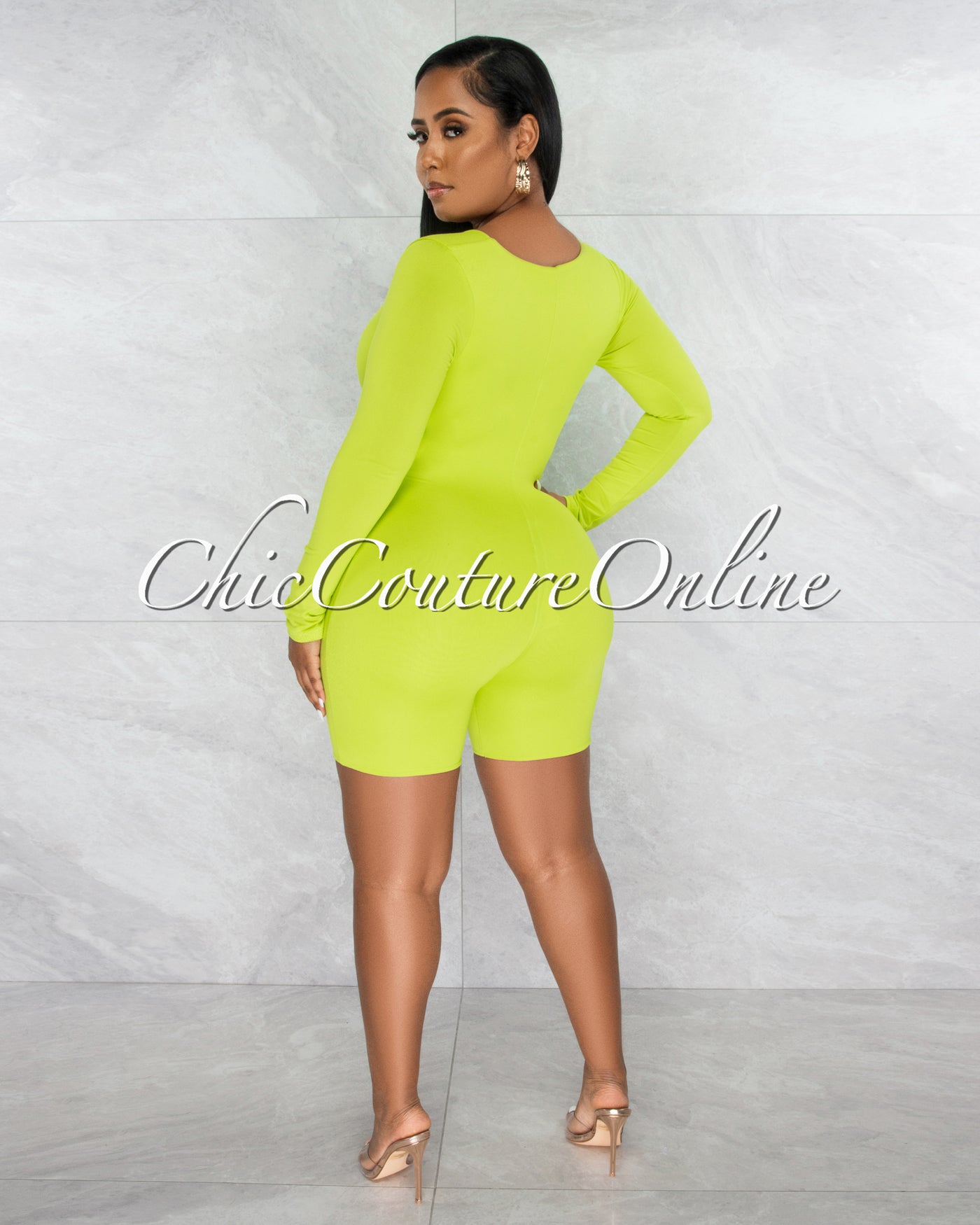 *Ligia Lime Green Front Knot Cut-Out Double Lined Romper