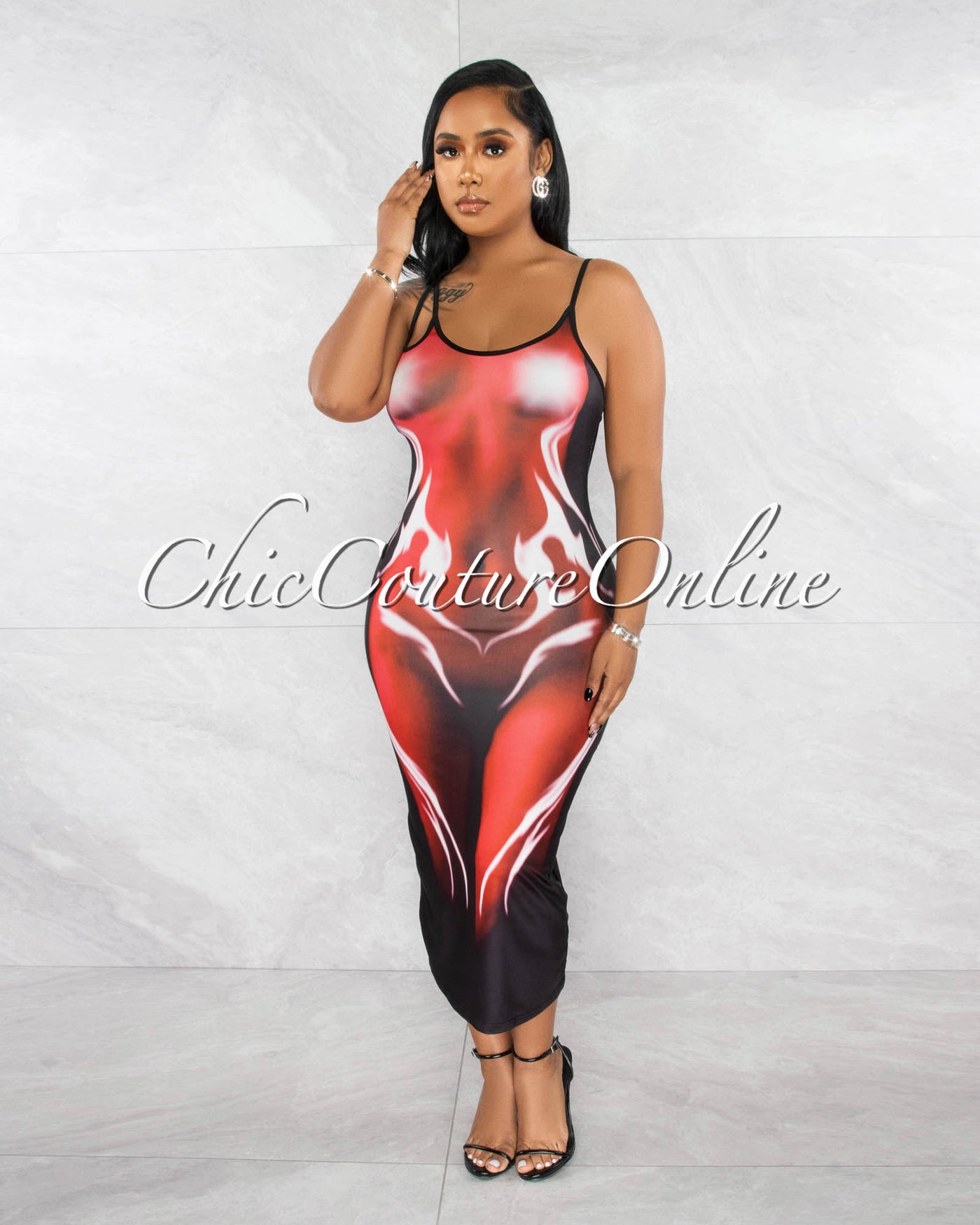 *Levina Black Red Body Shape Graphic Midi Dress