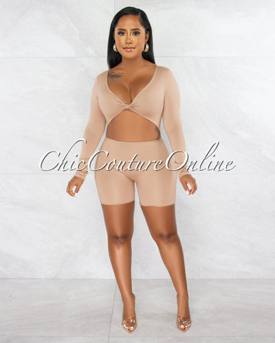 *Ligia Nude Front Knot Cut-Out Double Lined Romper
