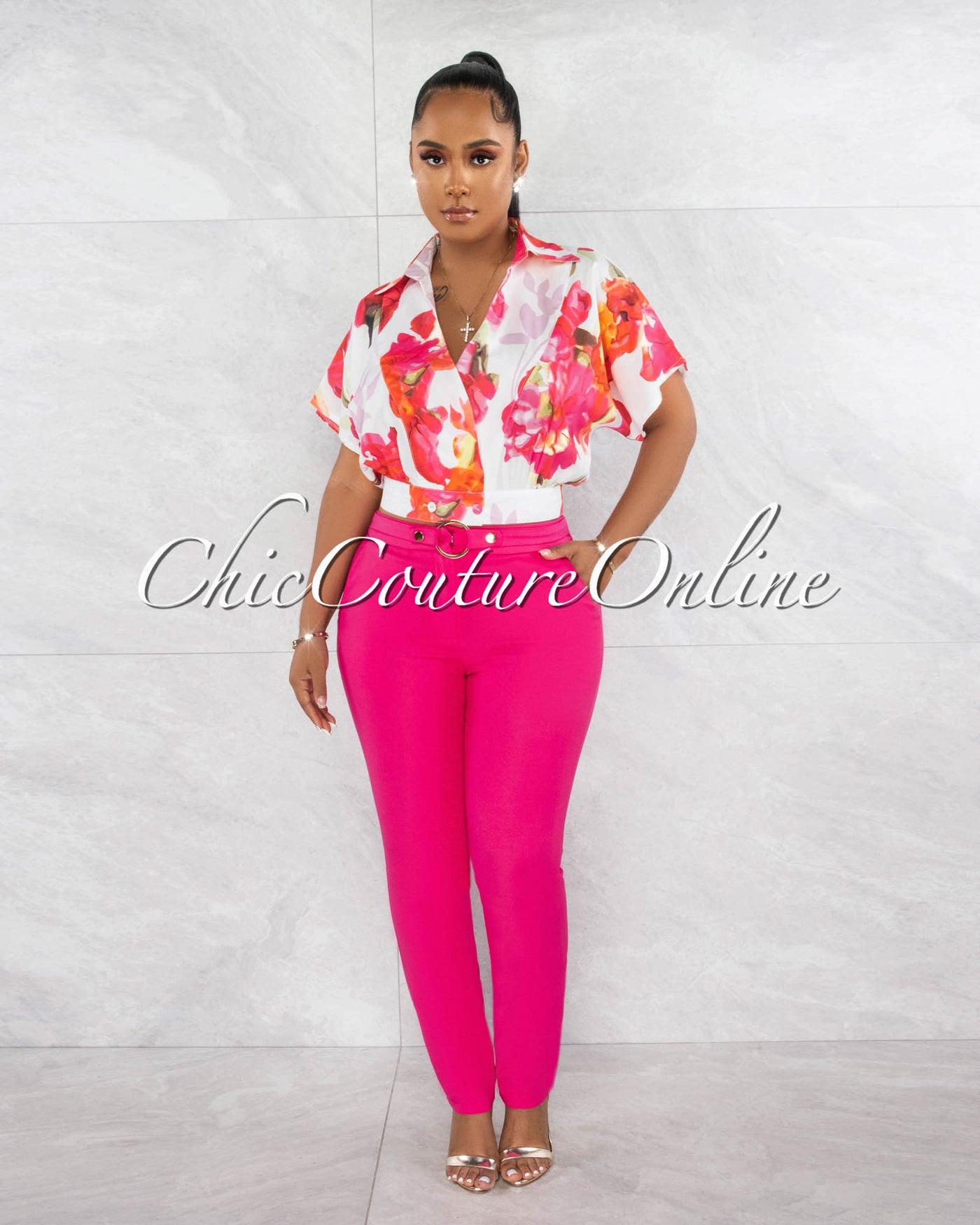 *Valdez Fuchsia Gold "O" Ring Accent Low Rise Trouser Pants
