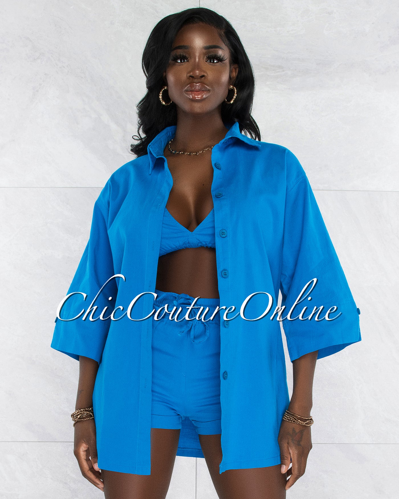 Nilan Deep Turquoise Shirt / Crop Top & Shorts 3 Piece Set