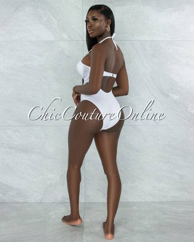 Madrid White Padded Cups Swimsuit w Mesh Pareo