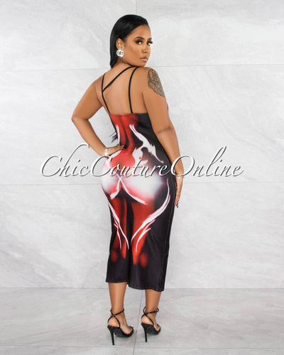 *Levina Black Red Body Shape Graphic Midi Dress