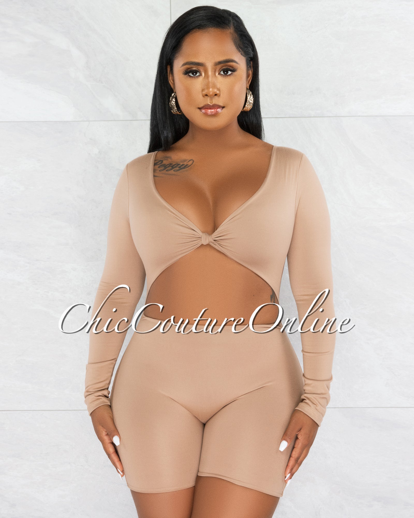 *Ligia Nude Front Knot Cut-Out Double Lined Romper
