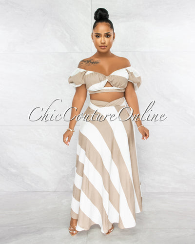 Anison White Taupe Stripes Crop Top & Maxi Skirt Set