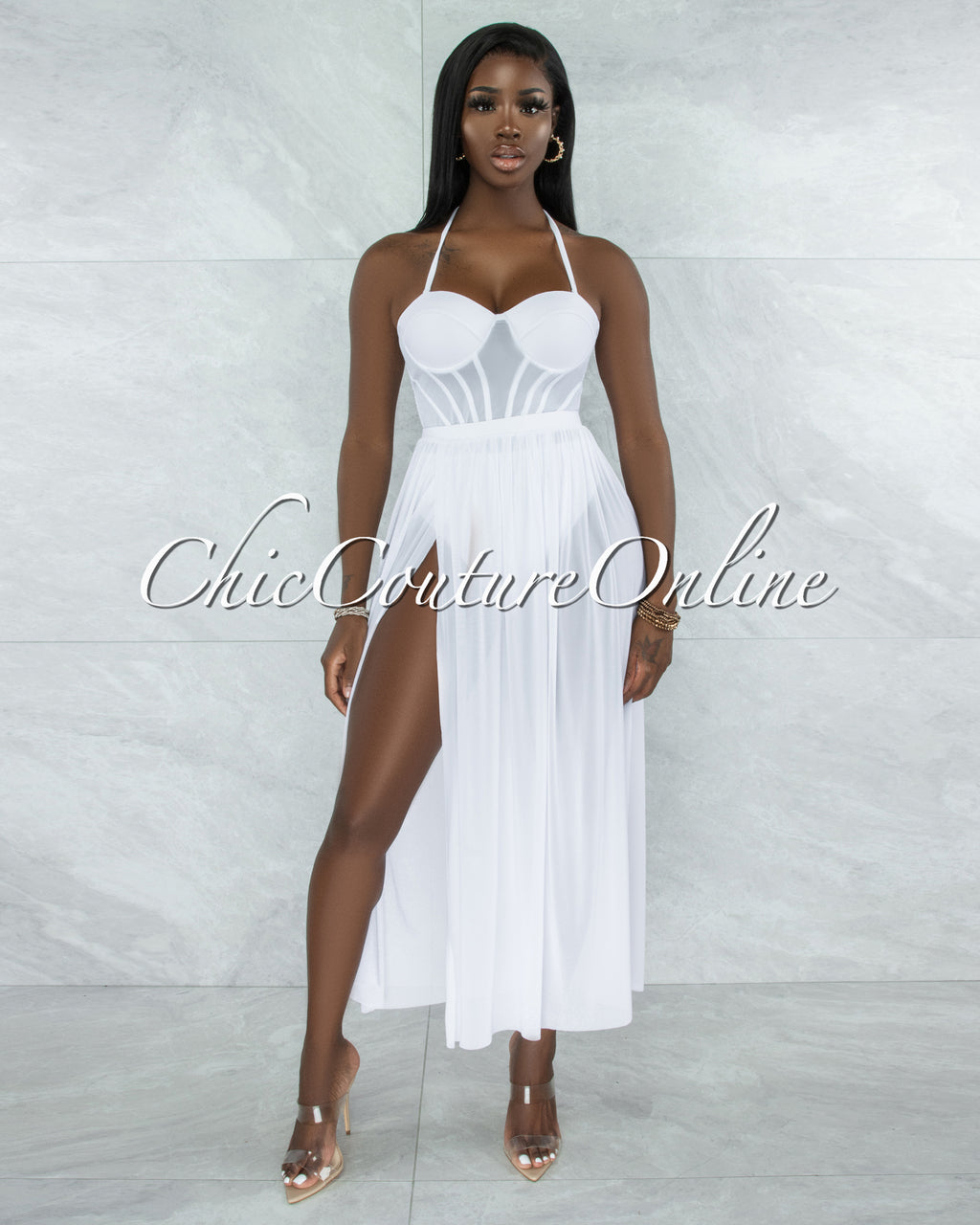 Madrid White Padded Cups Swimsuit w Mesh Pareo