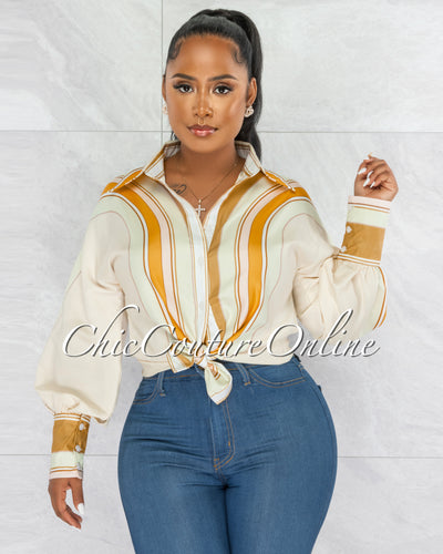 Abba Ivory Mustard Print Buttoned Silky Blouse