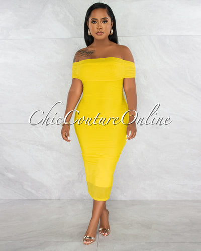 Ezer Yellow Mesh Overlay Ruched Off-The Shoulder Dress