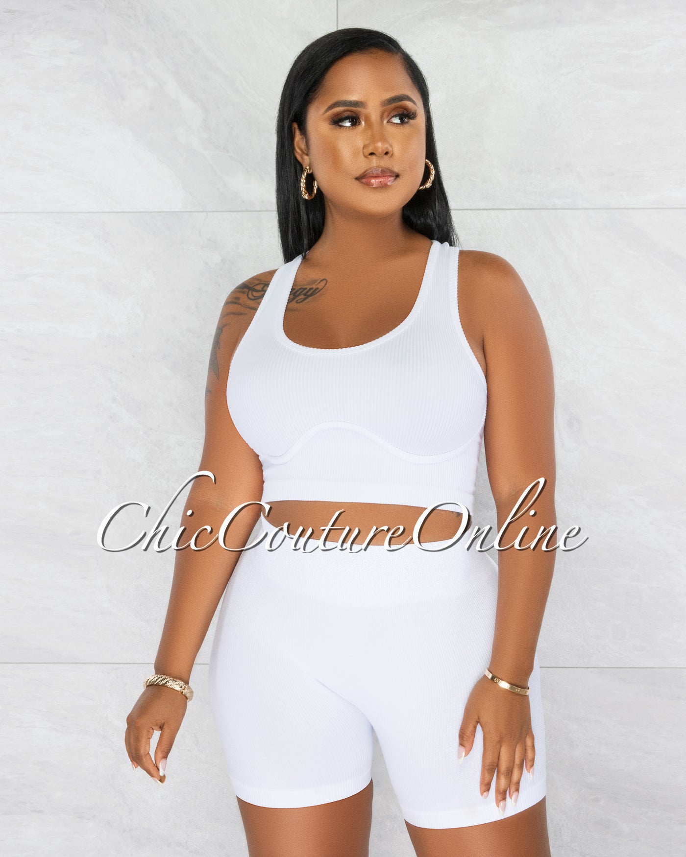 Xenia White Crop Top & Shorts Ribbed Set
