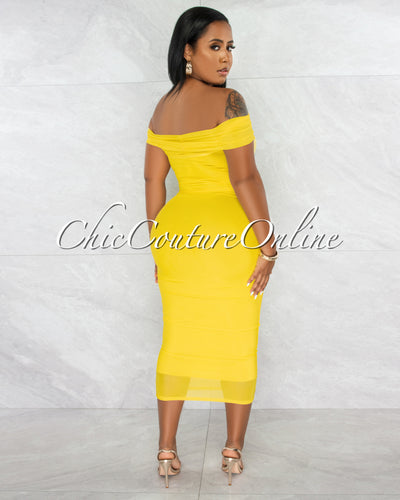 Ezer Yellow Mesh Overlay Ruched Off-The Shoulder Dress