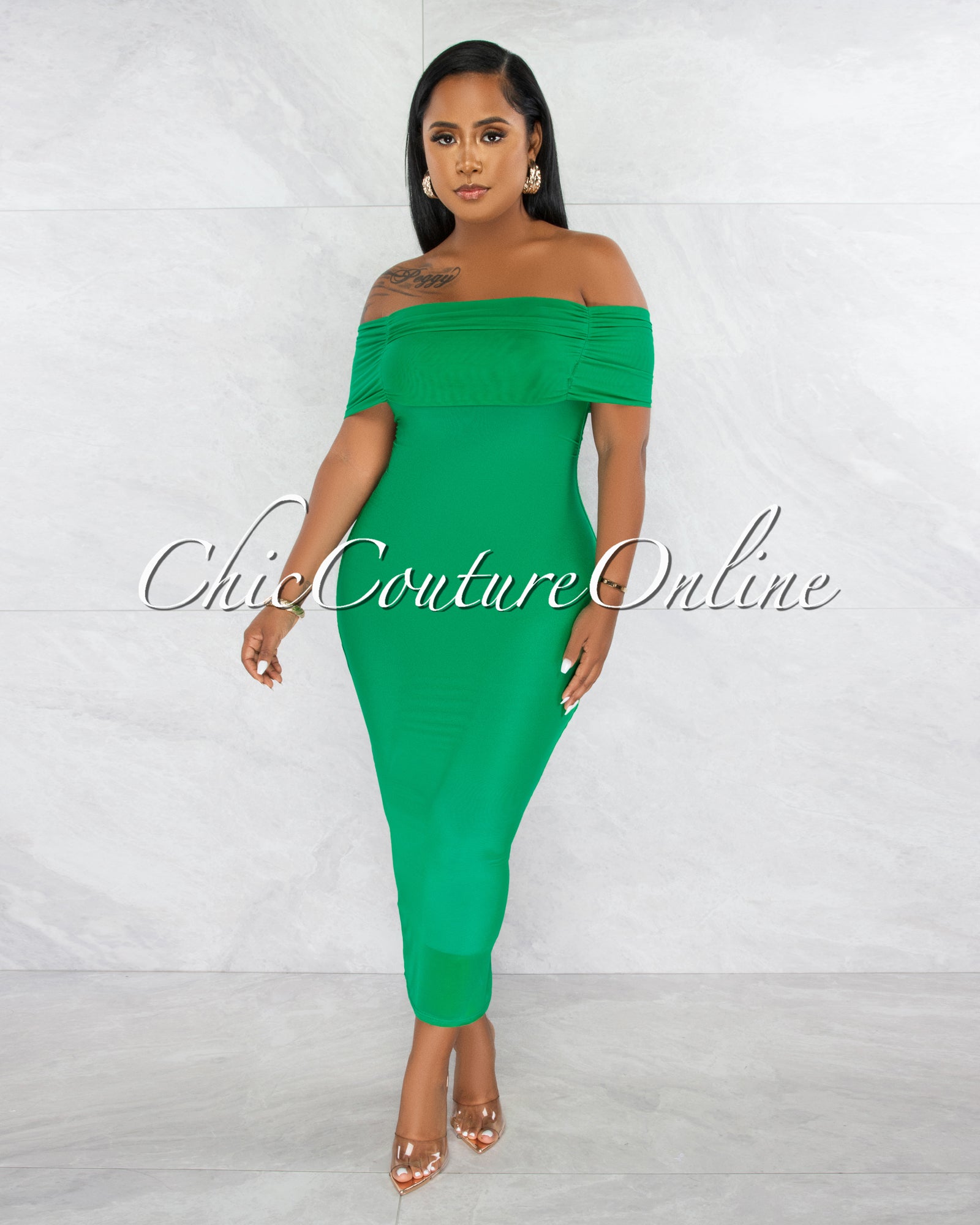 *Ezer Kelly Green Mesh Overlay Ruched Off-The Shoulder Dress