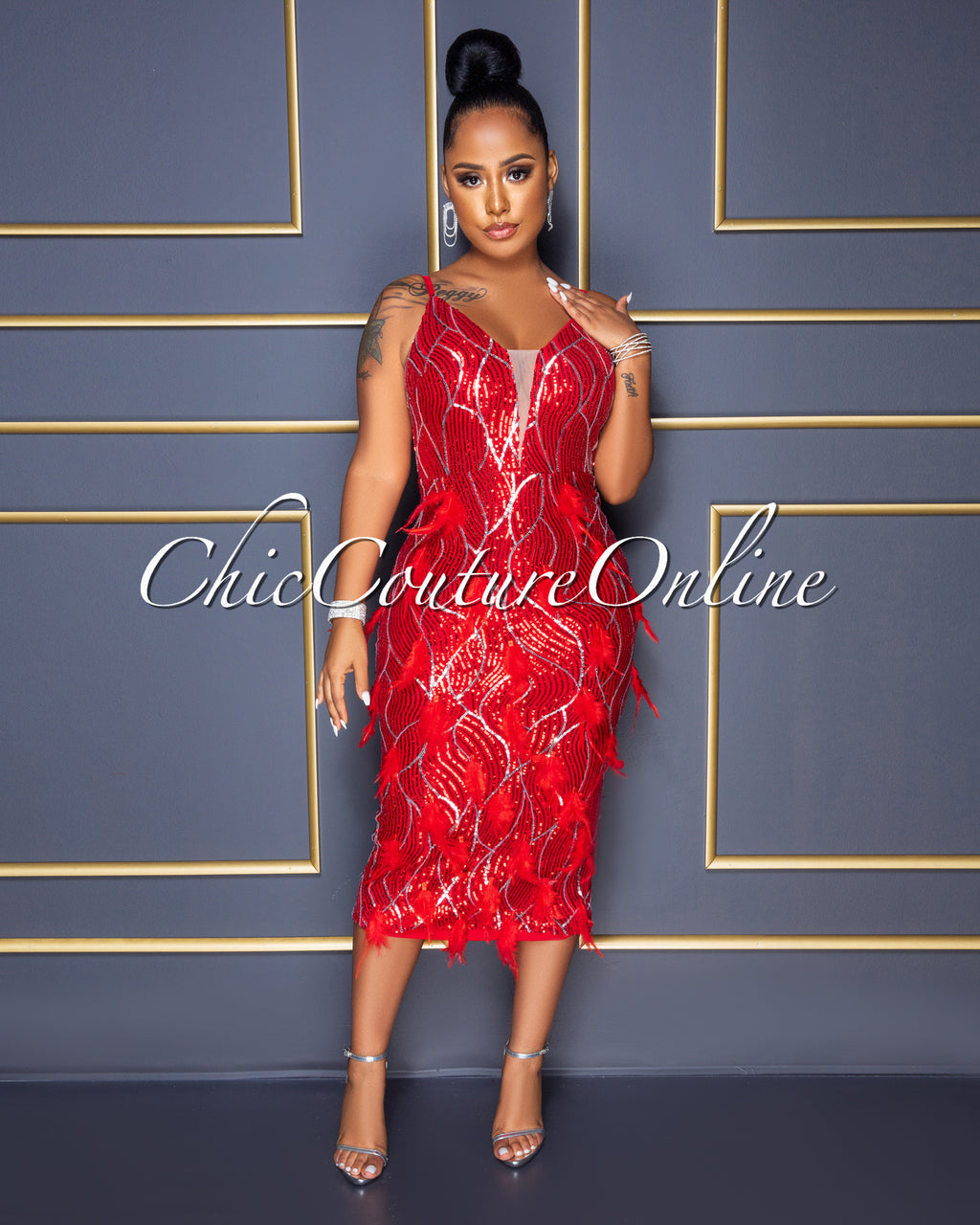 Maru Red Silver Sequins Feather Embellished Midi Dress