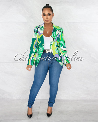 Davonte Green Retro Print Double Breasted Gold Buttons Blazer