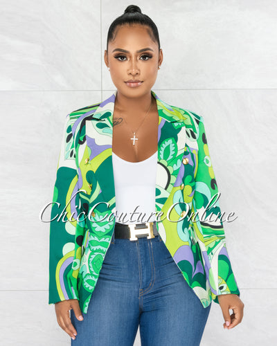 Davonte Green Retro Print Double Breasted Gold Buttons Blazer