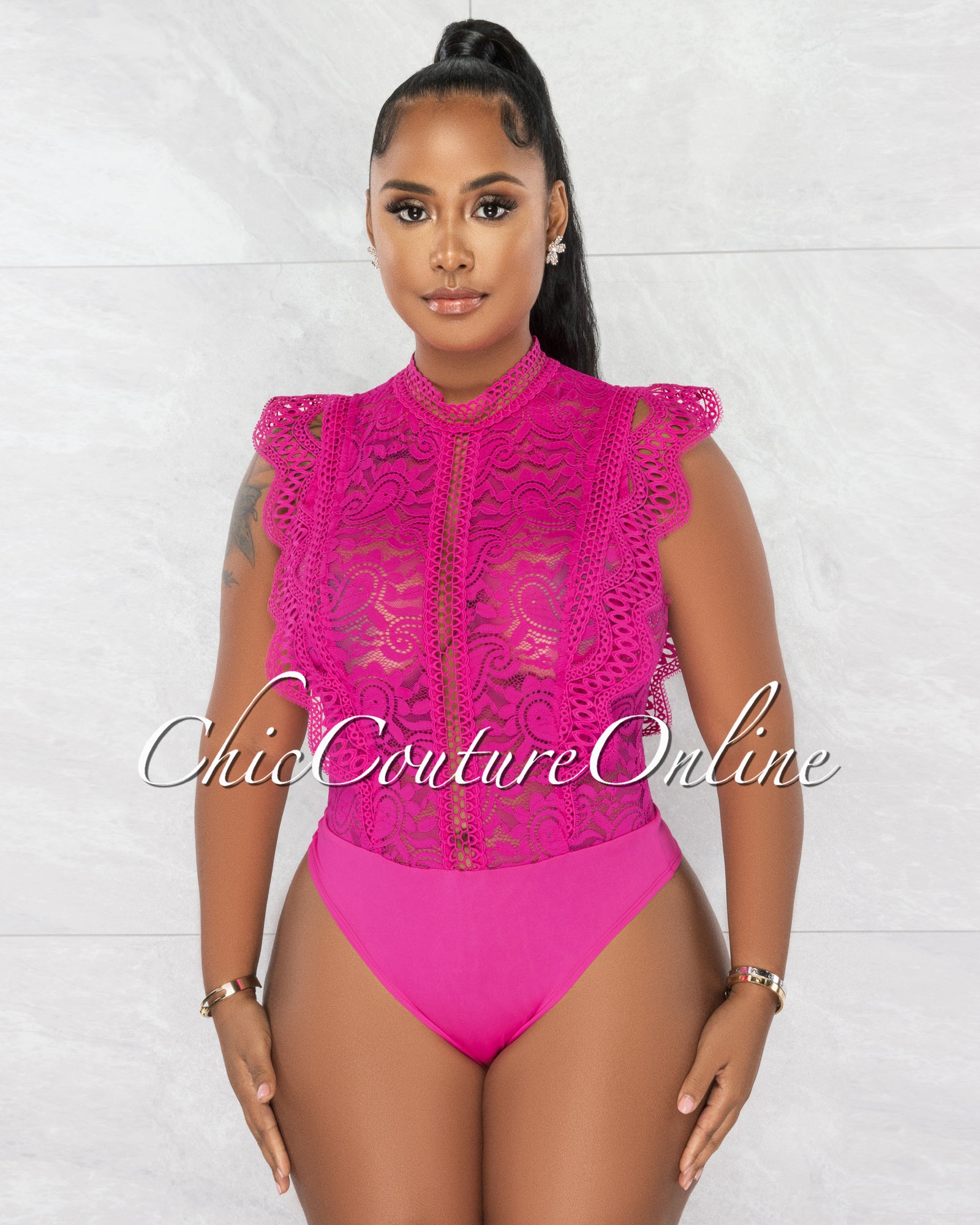 *Dayra Pink Lace See-Through Crochet Details Bodysuit