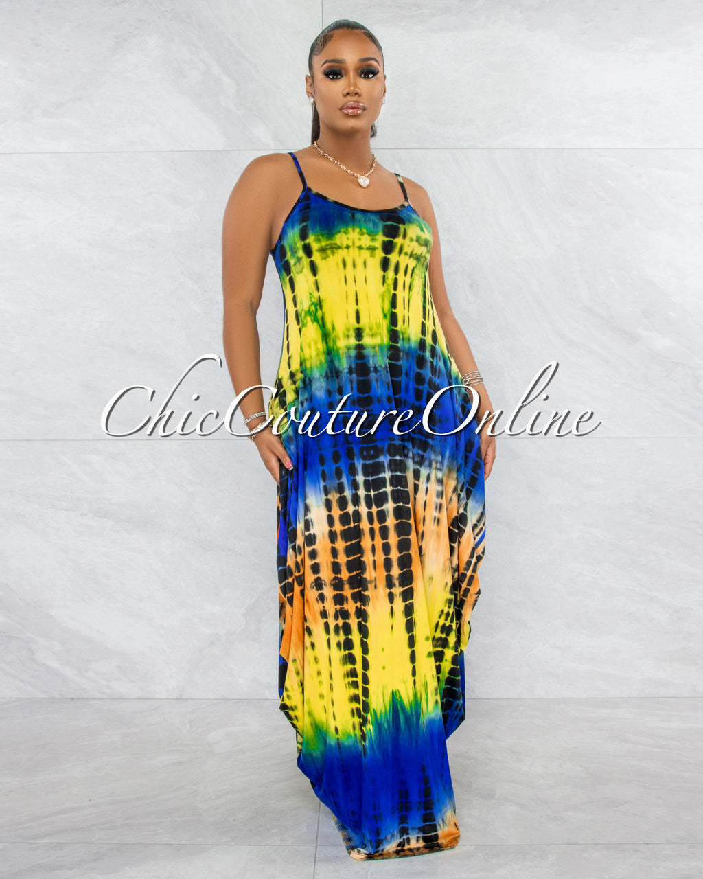 Karella Blue Lime Tie-Dye Print Maxi Dress