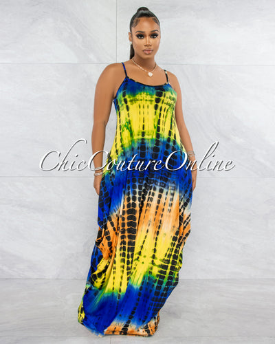 Karella Blue Lime Tie-Dye Print Maxi Dress