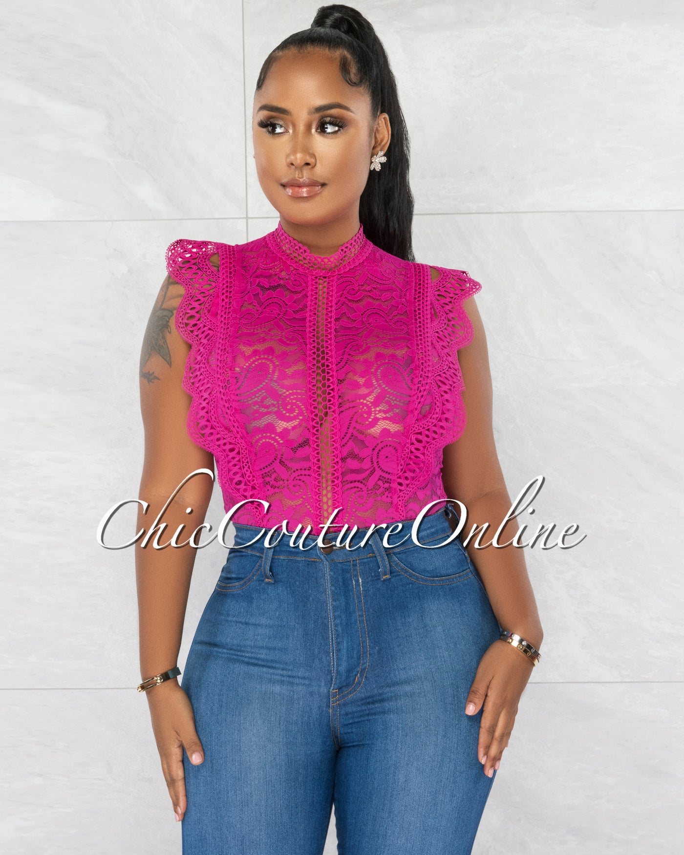 Dayra Pink Lace See-Through Crochet Details Bodysuit