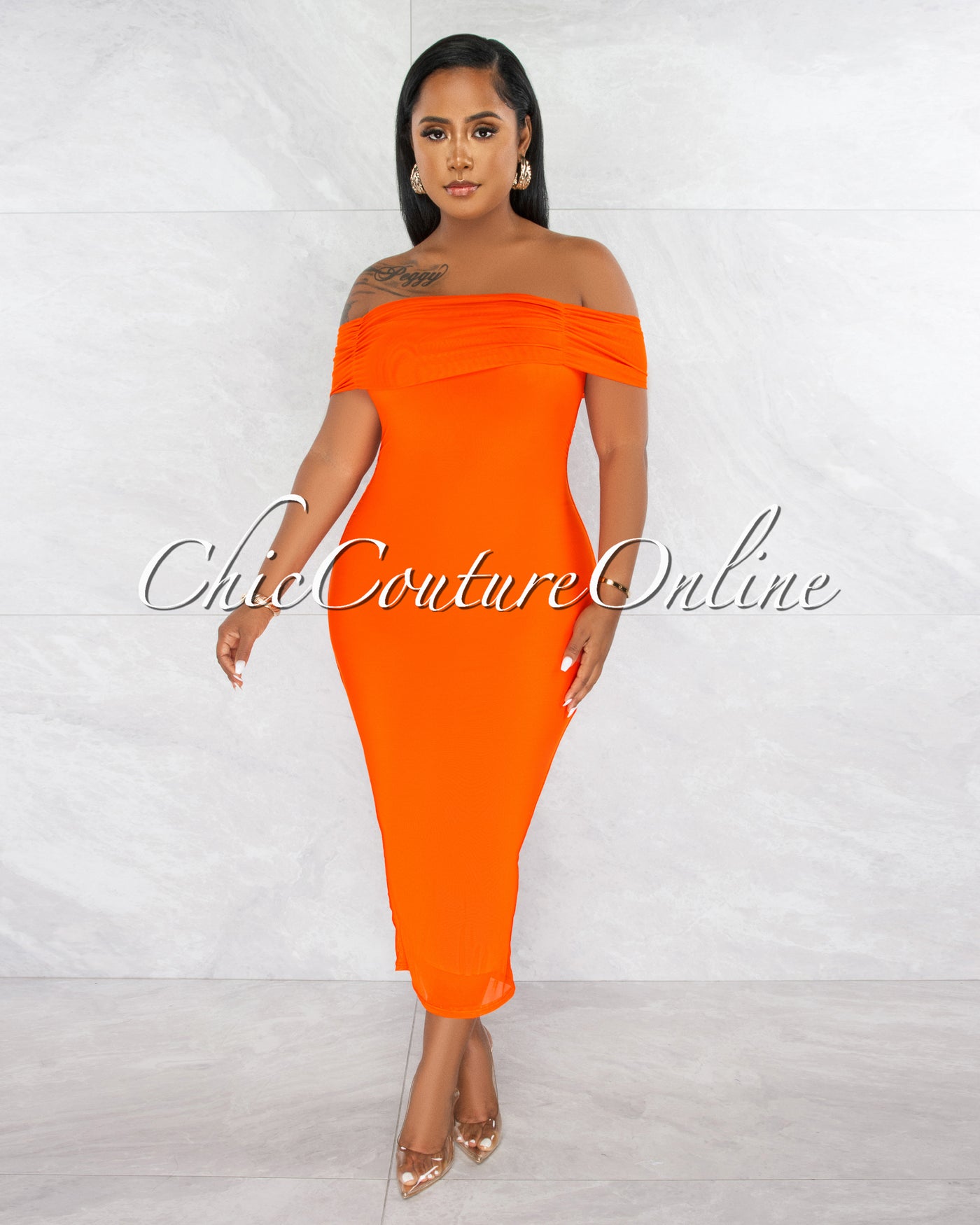 Ezer Orange Mesh Overlay Ruched Off-The Shoulder Dress