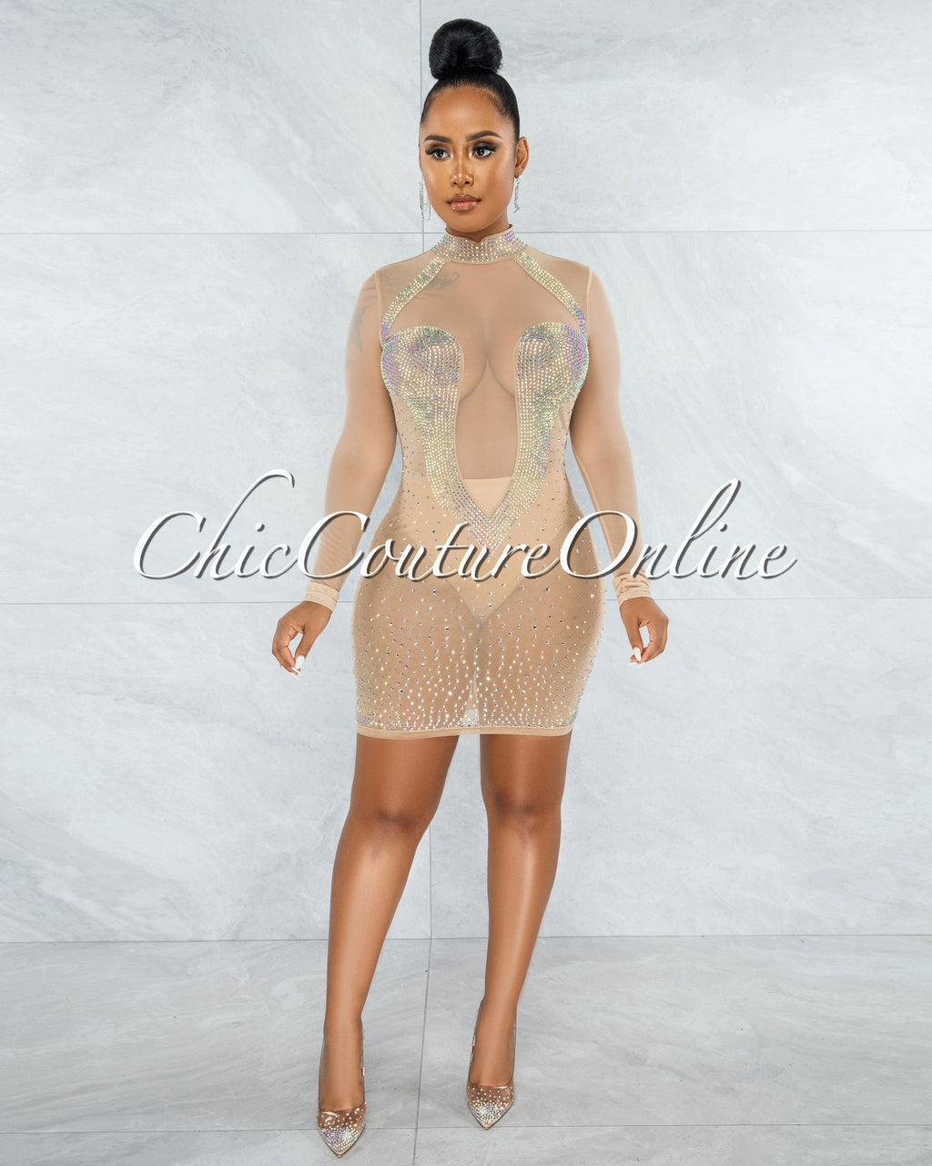 nude mesh mini dress Fabunni Nude Iridescent Rhinestones Mesh Mini Dress – Chic Couture Online
