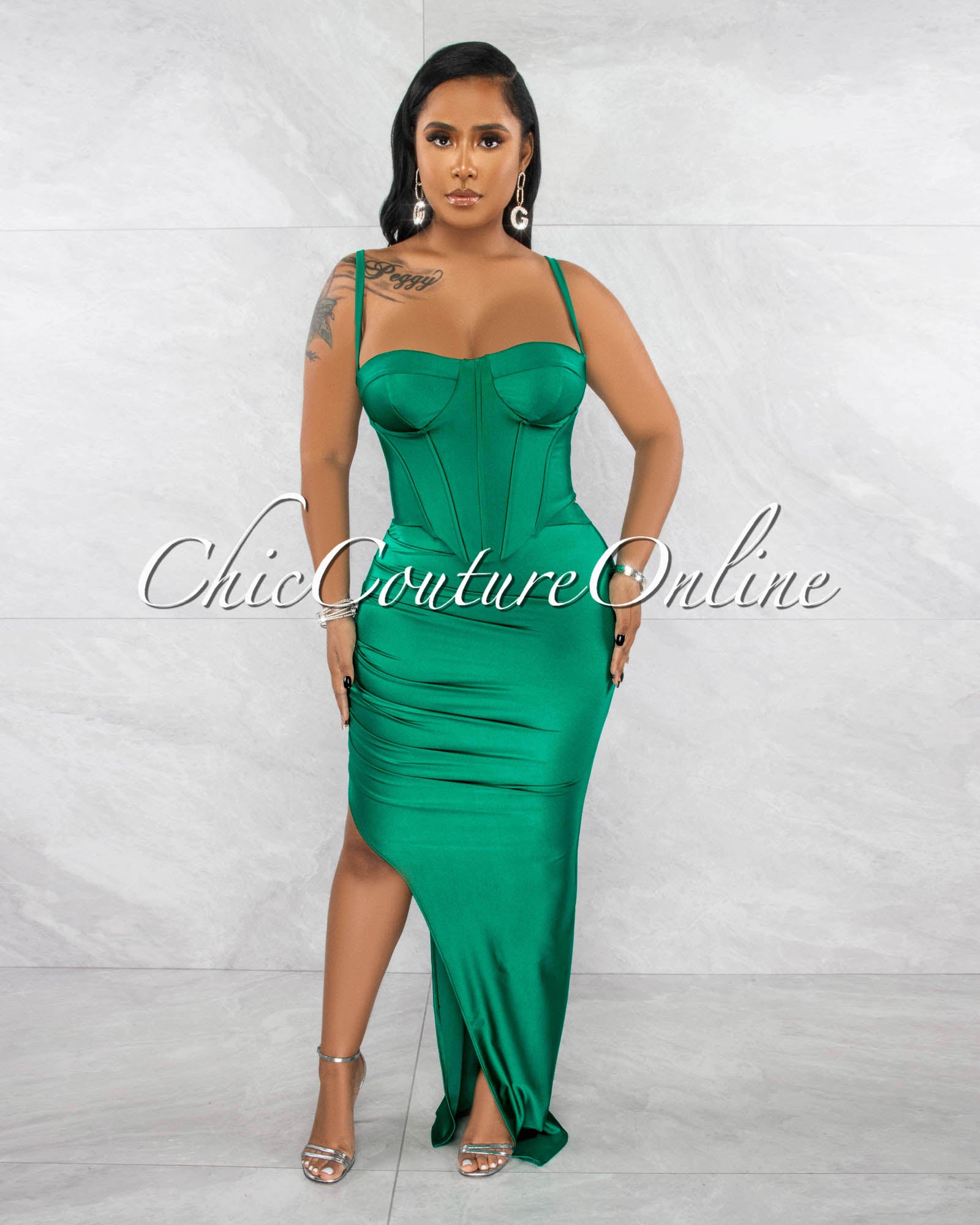 *Pascasia Green Corset Top & Draped Slit Maxi Skirt Set