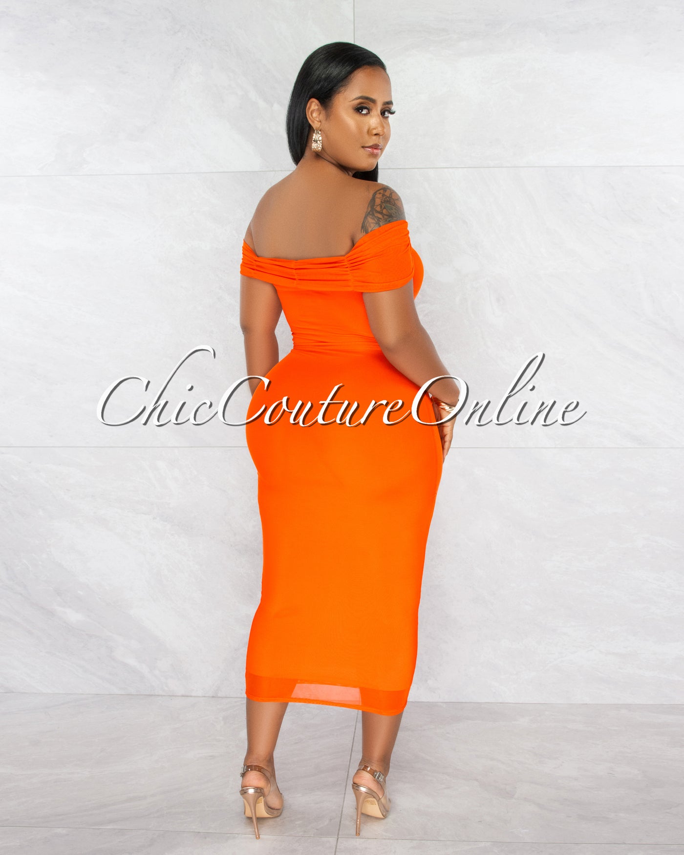 Ezer Orange Mesh Overlay Ruched Off-The Shoulder Dress