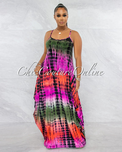 Karella Purple Olive Tie-Dye Print Maxi Dress
