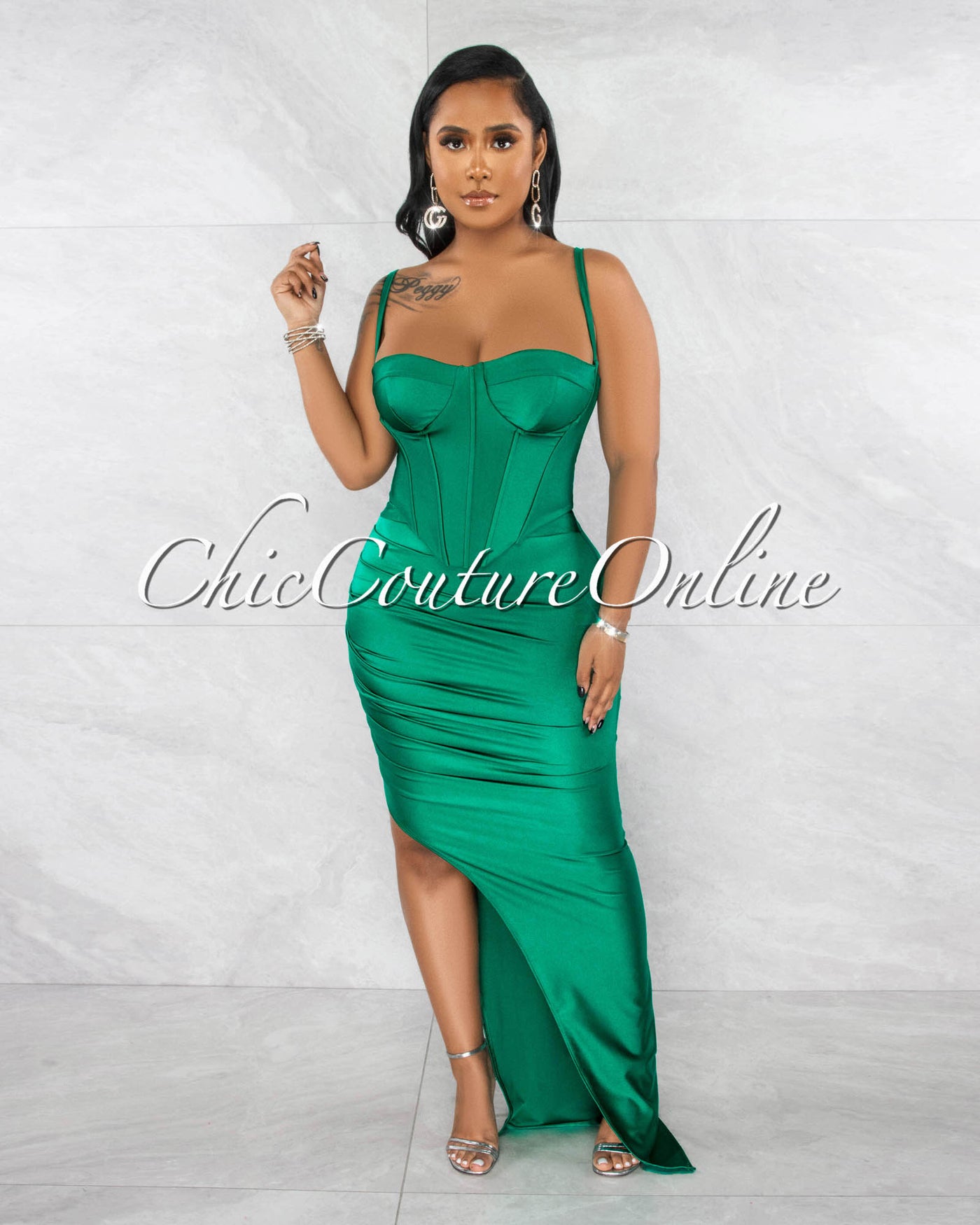 *Pascasia Green Corset Top & Draped Slit Maxi Skirt Set