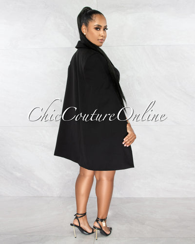 *Halia Black Double Breasted Belt Cape Dress