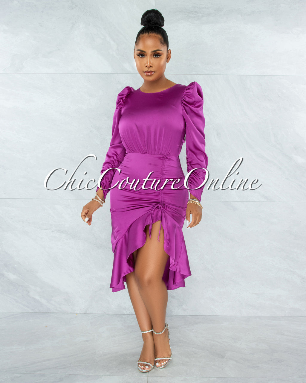 *Jaron Purple Ruched Ruffle Hem Satin Midi Dress