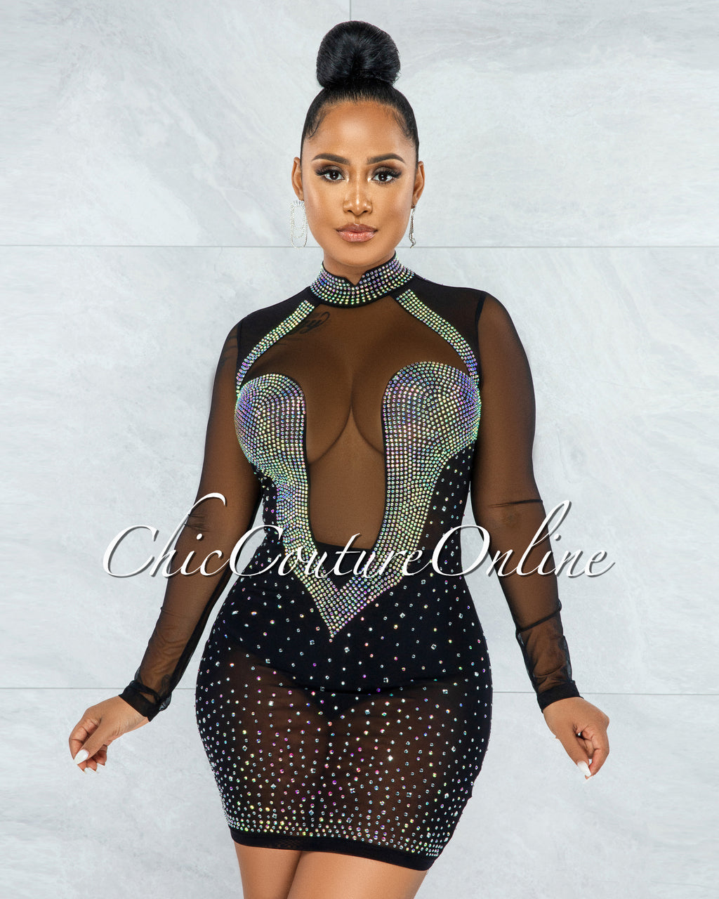 *Fabunni Black Iridescent Rhinestones Mesh Mini Dress